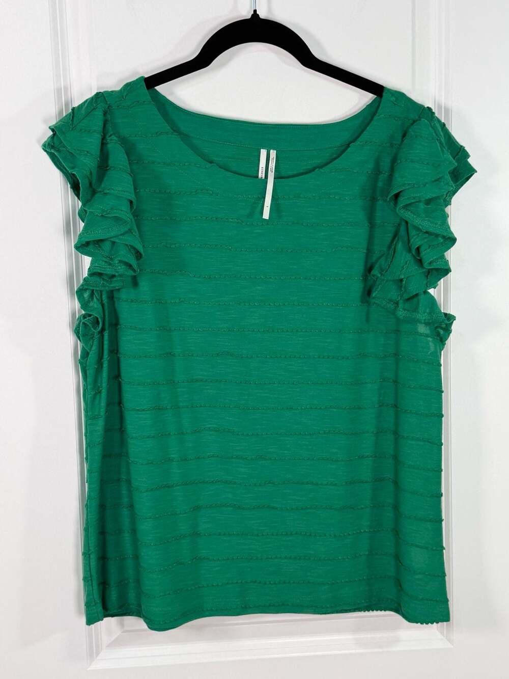 Anthropologie Green Textured Ruffle Flutter Sleeve Top Size L